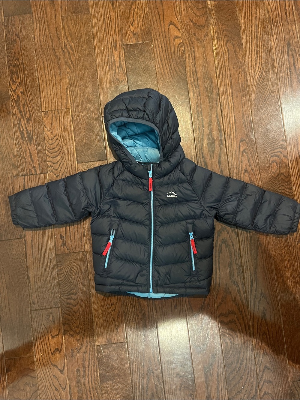 L.L. Bean Kids Black Hooded Puffer Jacket with Light Blue Lining